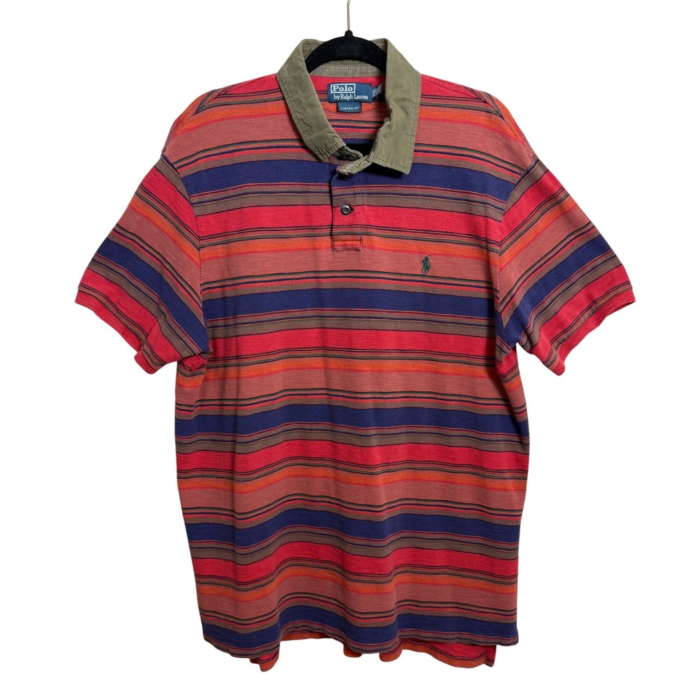 Polo Ralph Lauren Vintage Striped Polo Shirt XXL Red Blue Custom Fit Cotton
